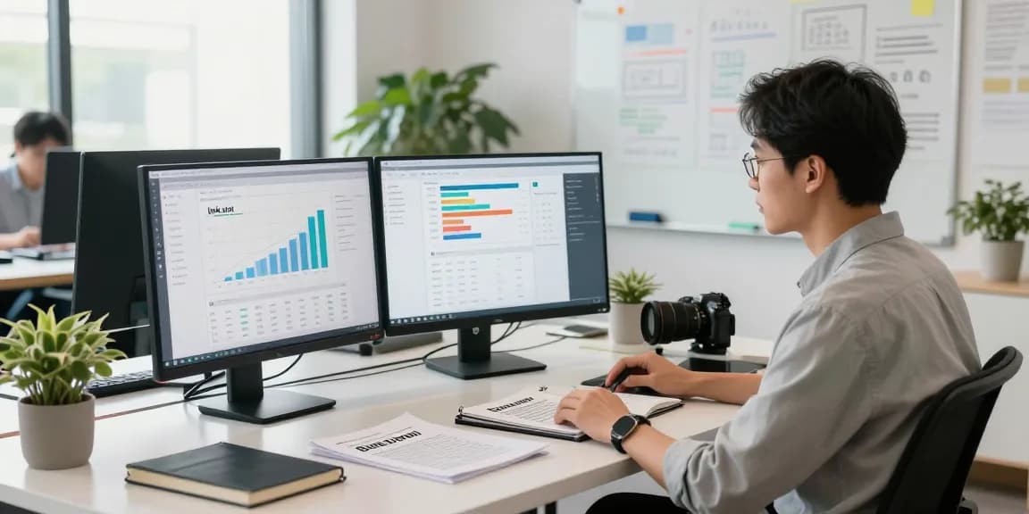 Marketing strategist analyzing link slot performance metrics in a vibrant office setting.