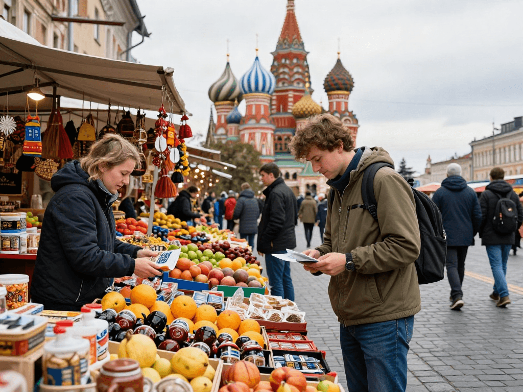 Pembayaran mudah untuk turis di Rusia menggunakan https://payinrussia.com/ di pasar Moskow yang ramai.