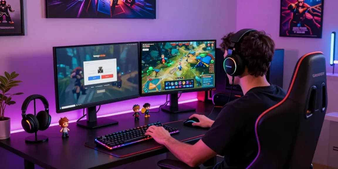 Gamer focused on tempototo login screen in vibrant gaming setup.