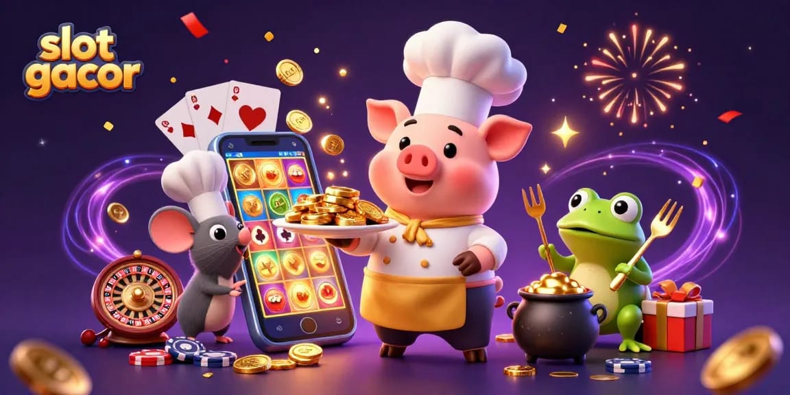 Experience slot gacor magic with a lively scene of a chef pig, tasting mouse, and frog critic enjoying vibrant gambling elements.