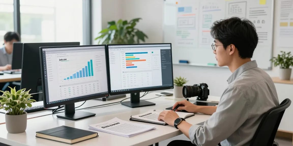 Marketing strategist analyzing link slot performance metrics in a vibrant office setting.
