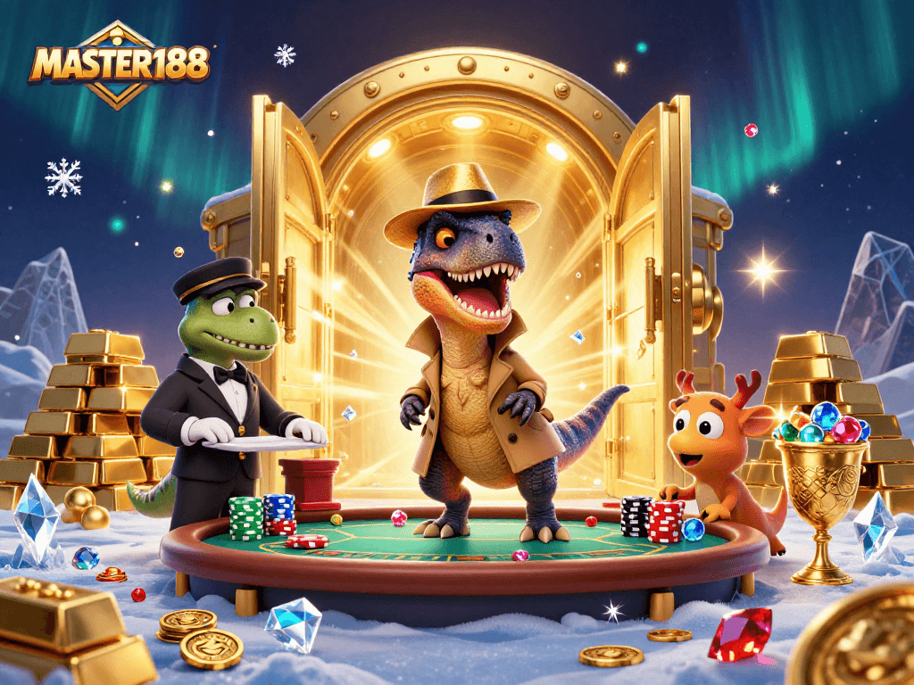 Experience thrilling gameplay at MASTER188 with our adventurous velociraptor and stegosaurus characters in a dynamic casino scene.