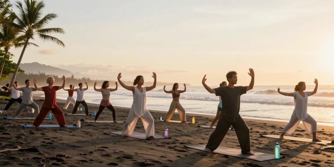 Tai Chi classes Bali at sunrise with diverse participants practicing movements on the beach, promoting wellness and tranquility.