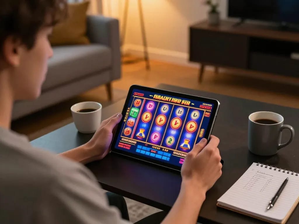 Engaged user playing Slot Resmi games on a tablet in a cozy living room setting.