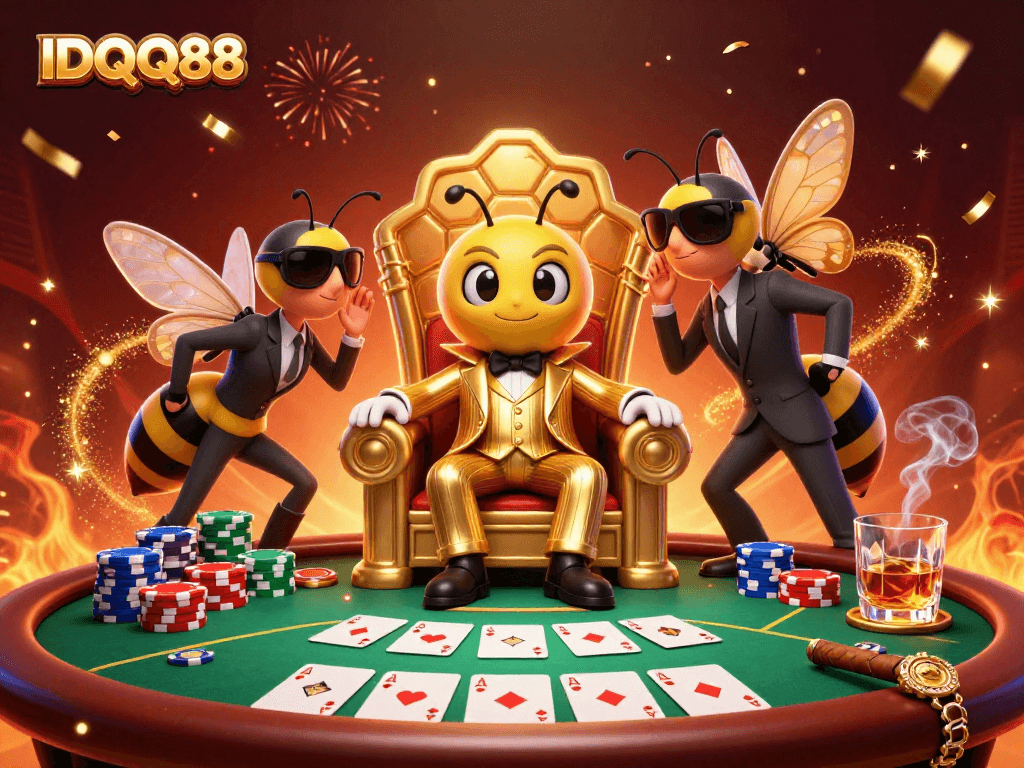 Experience IDQQ88 thrills with vibrant poker elements and animated 3D characters in a casino scene.