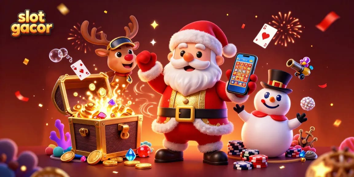 Mengakses slot gacor hari ini secara cepat dengan ilustrasi kasino yang meriah dan dinamis.