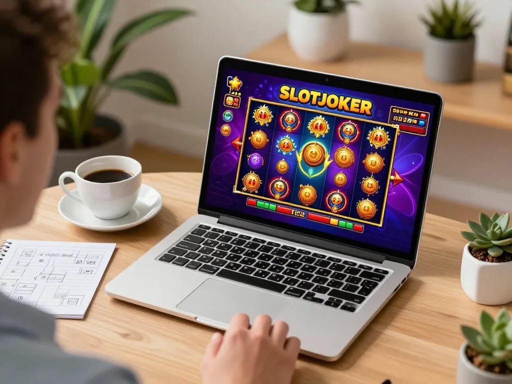 Play Slot IDCJOKER with innovative designs on your laptop in a cozy home environment.