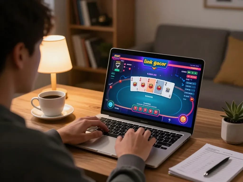 Engaged player enjoying link slot gacor on laptop in cozy home setting, emphasizing strategic online gaming.