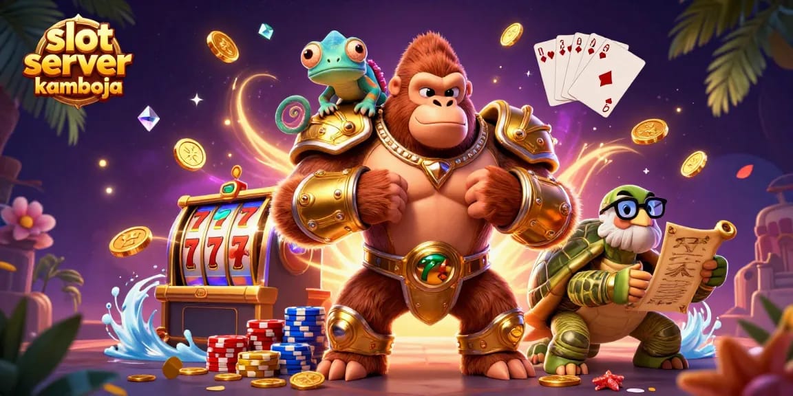 Bermain slot server kamboja dengan karakter kartun dan elemen kasino yang dinamis.
