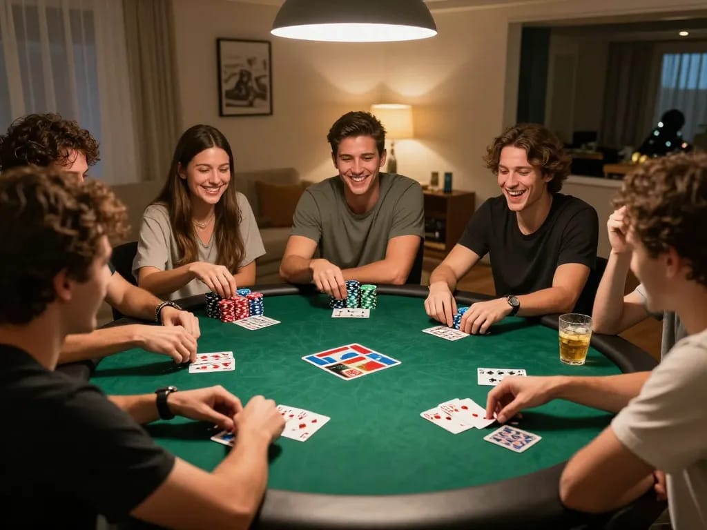 Liga2000 poker night at home with excited friends engaging in friendly competition
