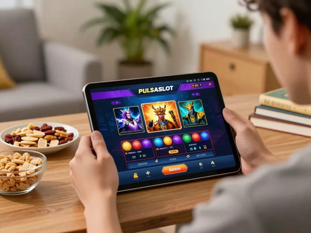 PULSASLOT gaming setup with a user enjoying a slot game on a tablet in a cozy environment.