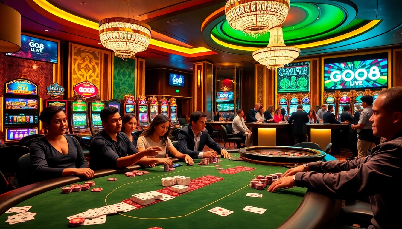 The excitement of high-stakes poker at a luxurious casino, with vibrant elements and the website https://go8.live/ highlighted.