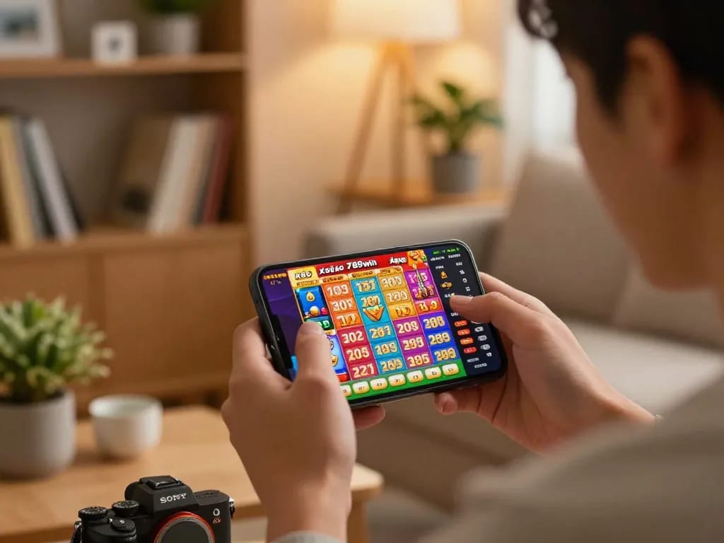 xổ số 789win user engaging with a smartphone app, surrounded by lottery graphics