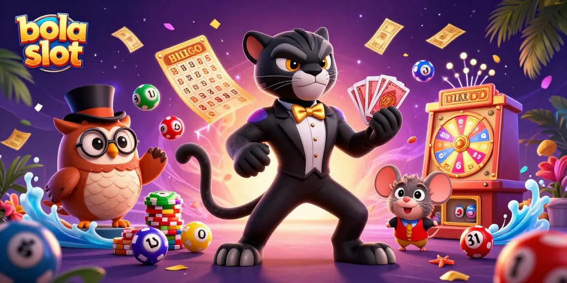 Experience the thrill of bola slot with a dynamic illustration of casino characters and vibrant game elements.