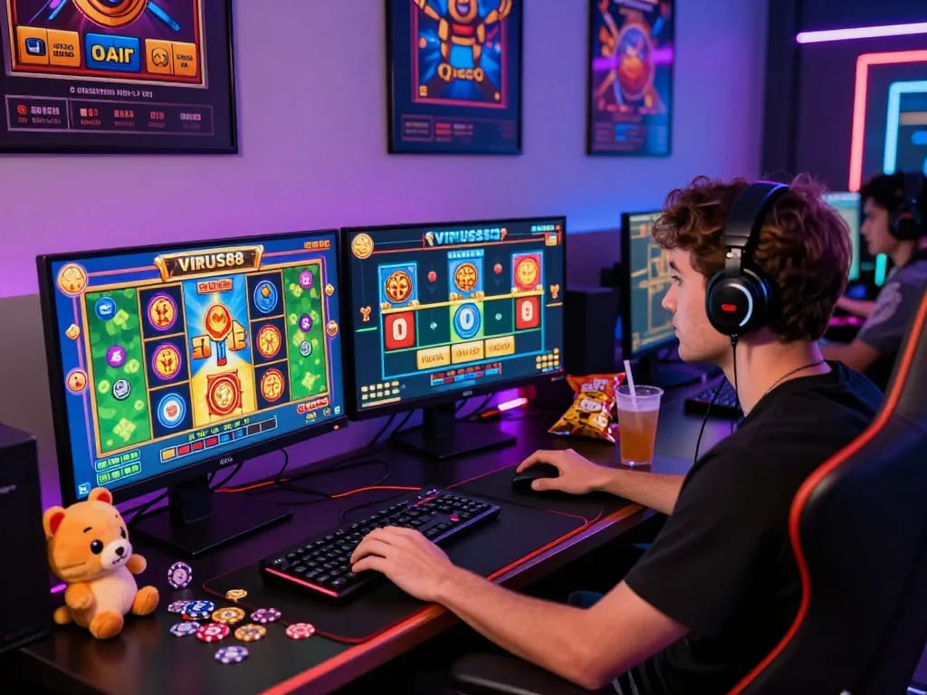 Pengguna yang terlibat memainkan permainan slot VIRUS88 dalam pengaturan permainan yang cerah dengan dua monitor.
