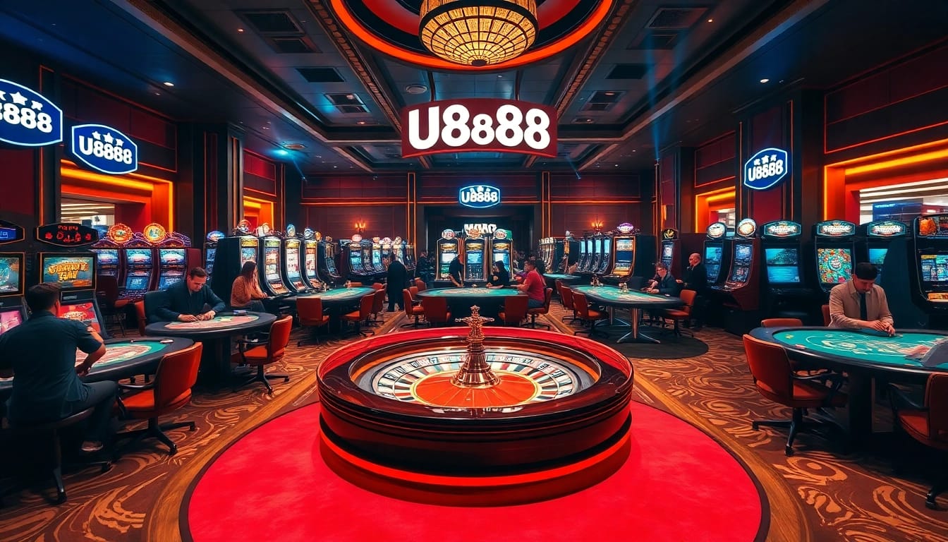 Experience the thrill of gaming at U8888's luxurious casino with vibrant slot machines and roulette tables.