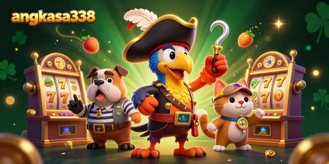 Engage with angkasa338 via a vibrant 3D casino-themed illustration showcasing slots and characters.