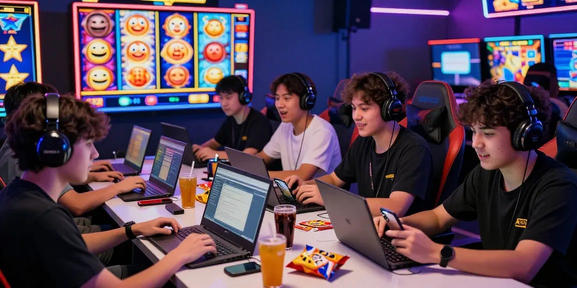 Players enjoying online slot gacor games on laptops and smartphones in a vibrant gaming environment.