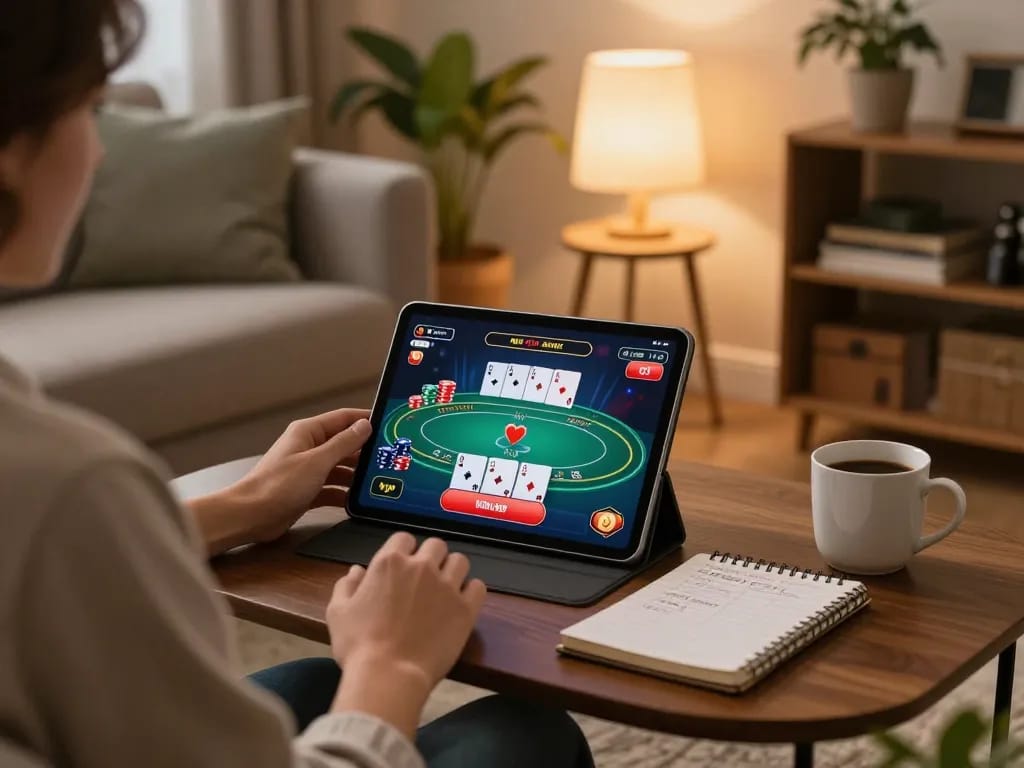 Player enjoying poker on sunwin in a cozy living room, showcasing strategy notes and warm lighting.