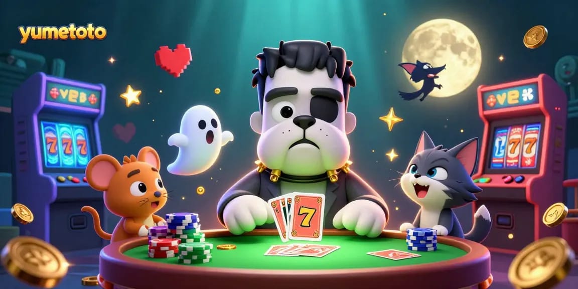 Engage with yumetoto's thrilling casino experience as a cartoon bulldog deals cards amidst colorful gaming elements.