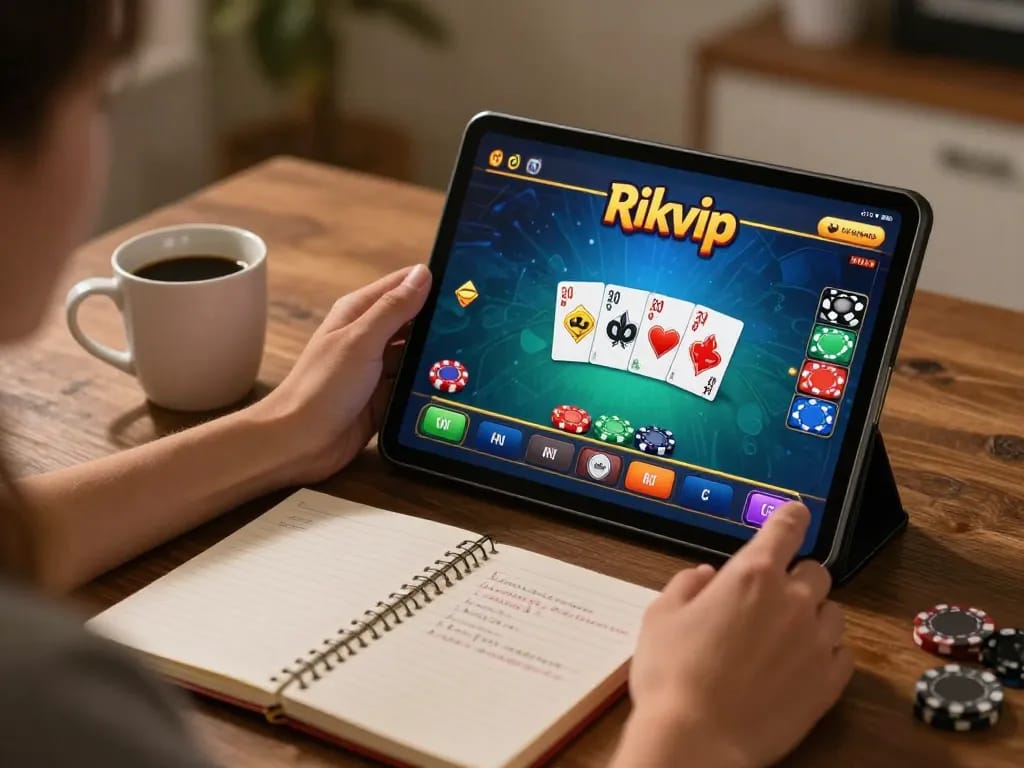 Engaged player enjoying Rikvip casino gaming on a tablet, showcasing strategy notes in a cozy living room.