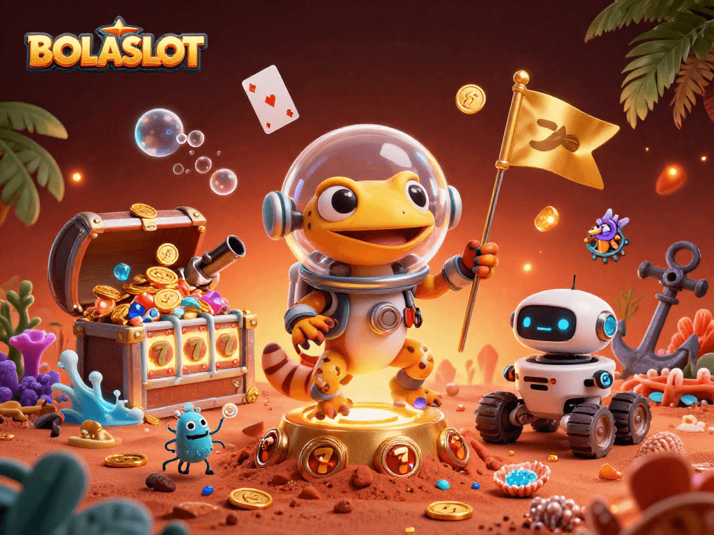 BOLASLOT showcases a Martian gecko in a golden casino with vibrant slot reels exploding into gems.