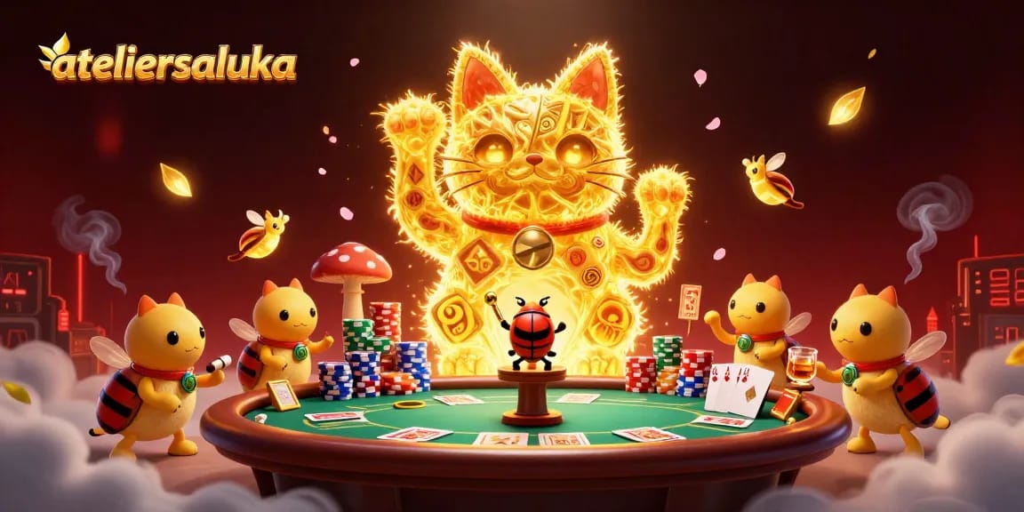 Spinning the reels for wins at ateliersaluka, featuring vibrant symbols and a lucky cat.