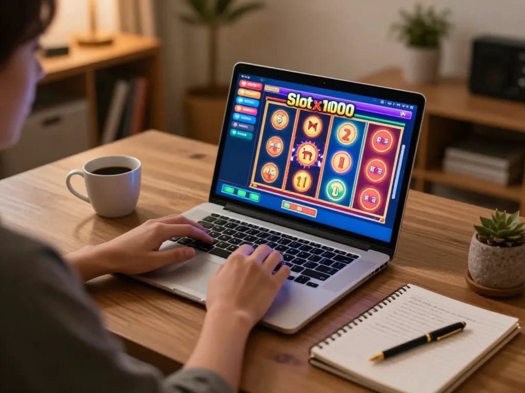Playing Slot x1000 on a laptop in a cozy home setup with strategic betting notes.