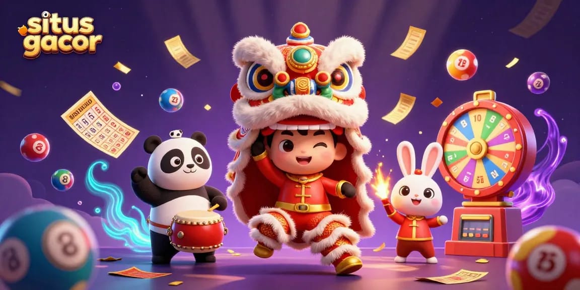 Engage with situs gacor through vibrant, lively casino-themed 3D illustration with dynamic lottery elements.