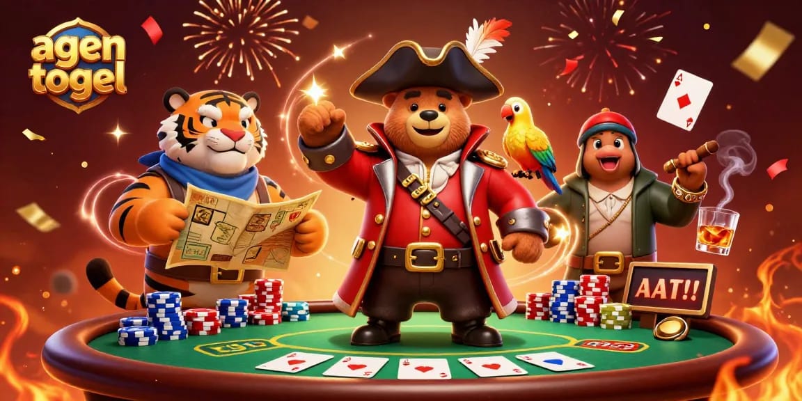 Menghadirkan agen togel dalam ilustrasi 3D, menampilkan karakter menarik di meja poker dengan tumpukan chip yang berwarna-warni.
