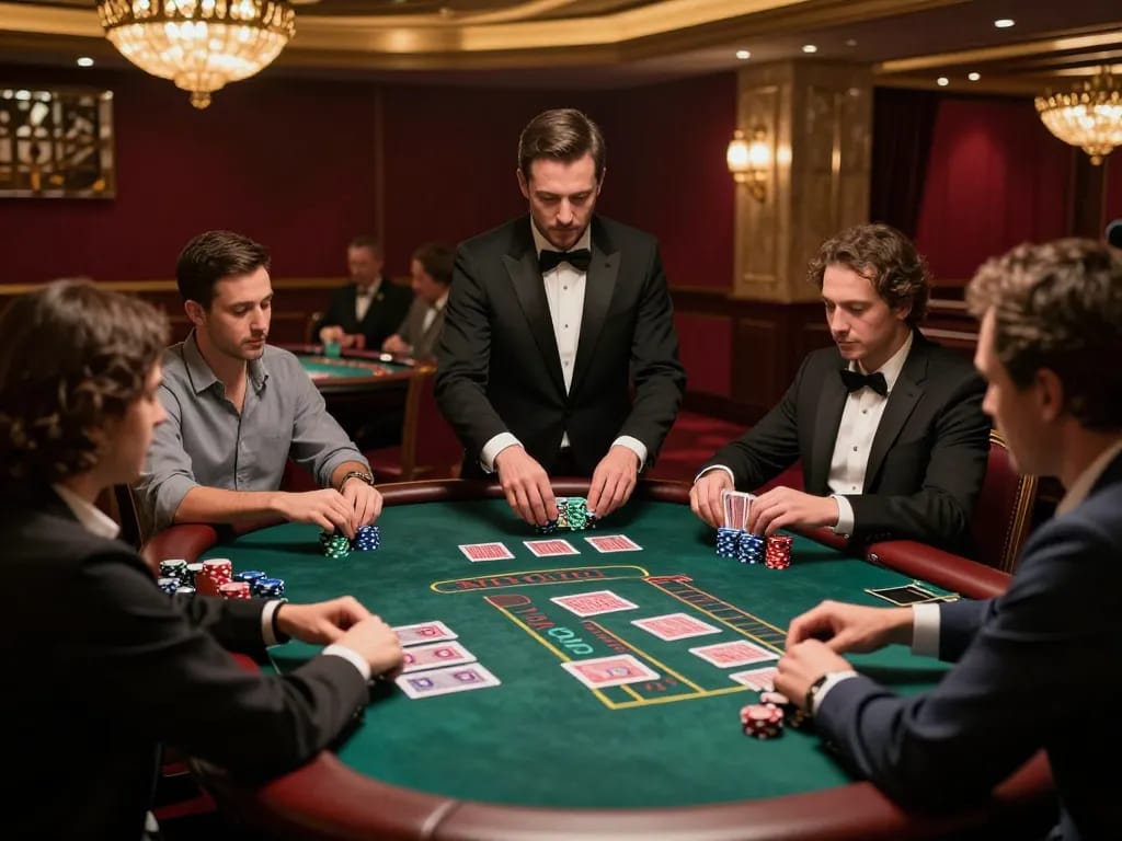 Players engaging intensely in a blackjack game with joylink free kredit, strategizing bets in an upscale casino.