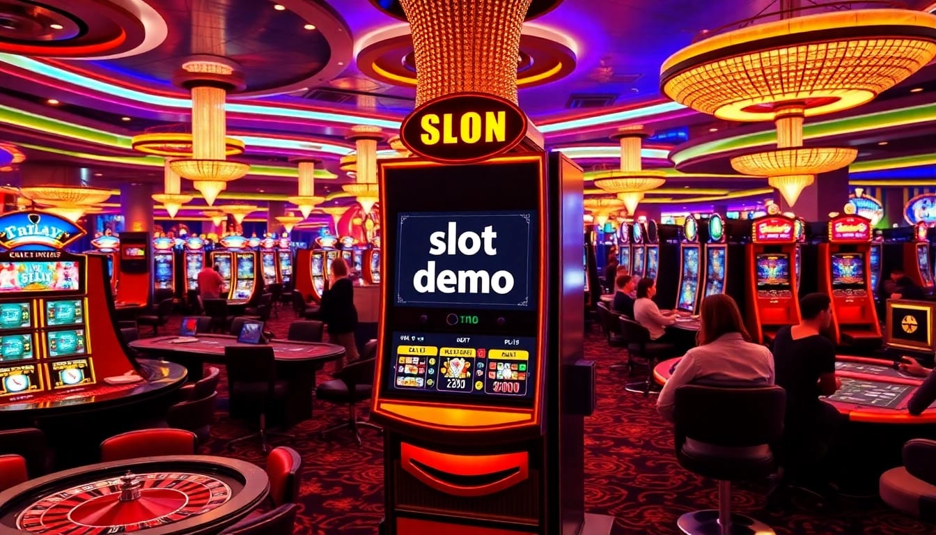 Enjoying a slot demo at a vibrant casino filled with colorful machines and excitement.