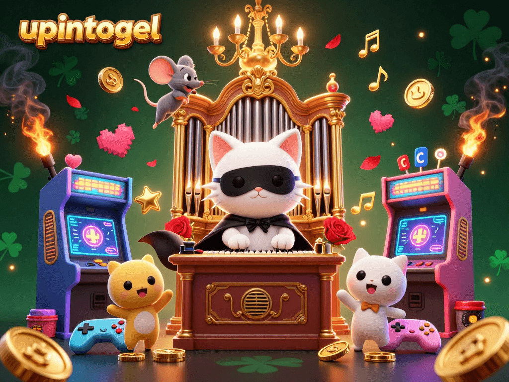 Engage in upintogel with a whimsical casino scene featuring a cat at an organ and dynamic gaming elements.