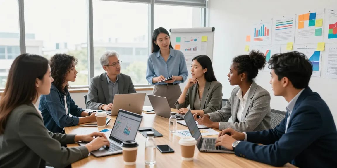 Group discussing link slot strategies for social investment in a modern office