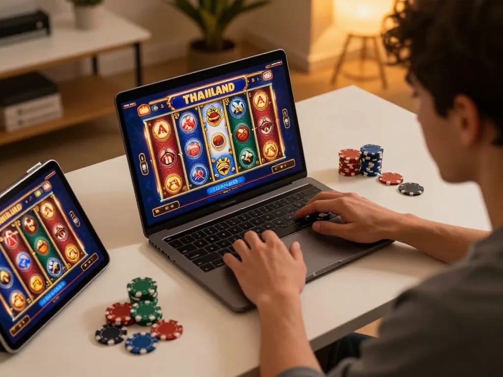 Player engaging in slot thailand gaming session on laptop, with vibrant slot graphics visible.