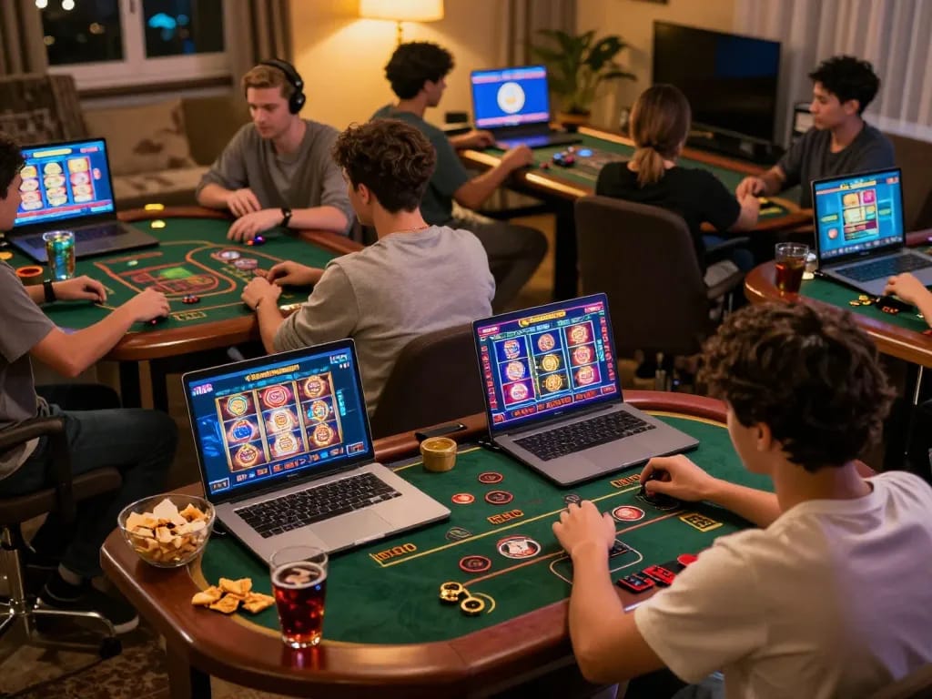 Sesi permainan online yang menarik dengan mesin slot LGO99 dan meja poker dalam suasana yang nyaman
