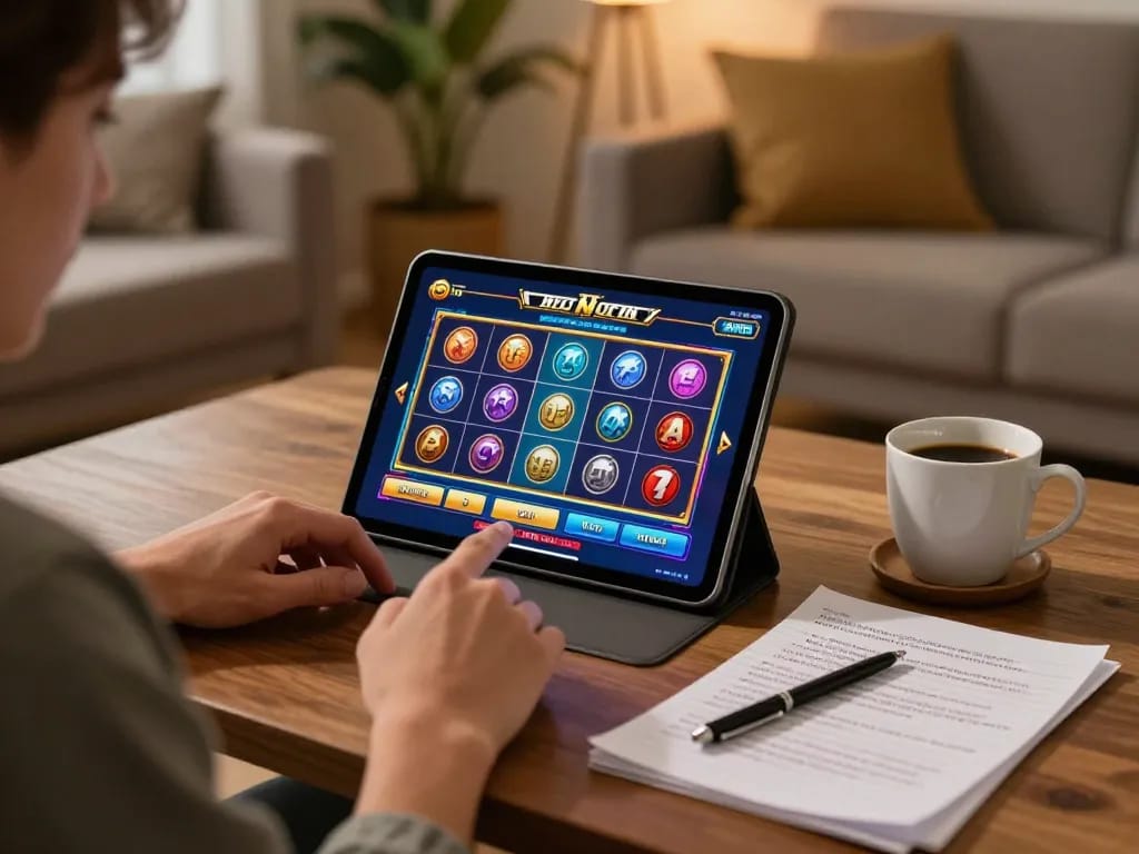 Engaged player enjoying a Demo Slot on tablet, with coffee and strategy notes for responsible gambling.