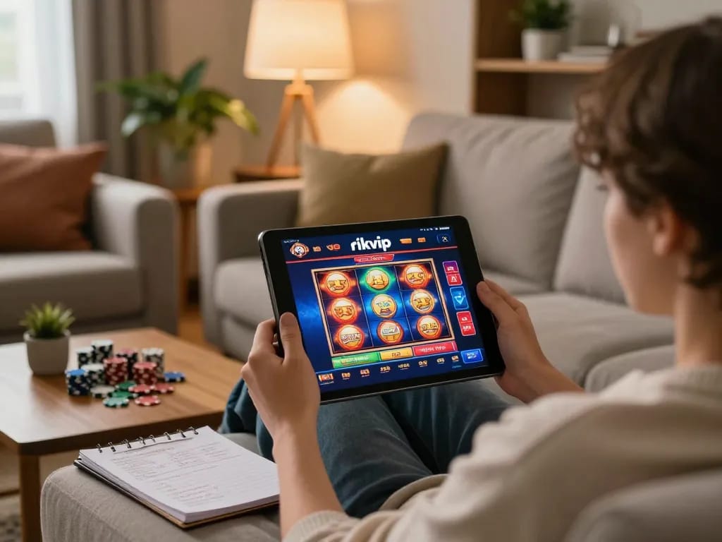 Engaging with rikvip online casino app while strategizing with notes and poker chips