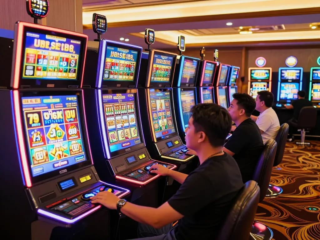 Agen Slot88 players engaging with colorful slot machines under warm casino lights.