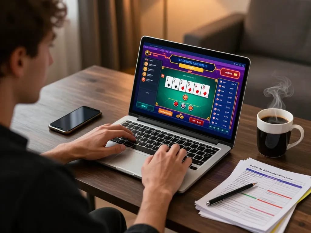 Pemain terlibat dalam permainan kasino online di oracleappshub dari pengaturan meja kerja yang nyaman di rumah.