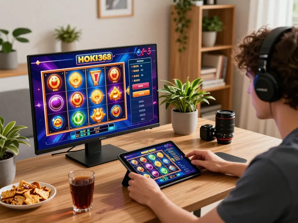 Rasakan keseruan permainan online HOKI368 dengan mesin slot yang berwarna-warni dalam pengaturan rumah yang nyaman.