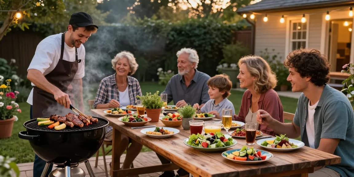 Suasana BBQ di halaman belakang dengan BOS88 Online, hidangan grill dan kebersamaan.