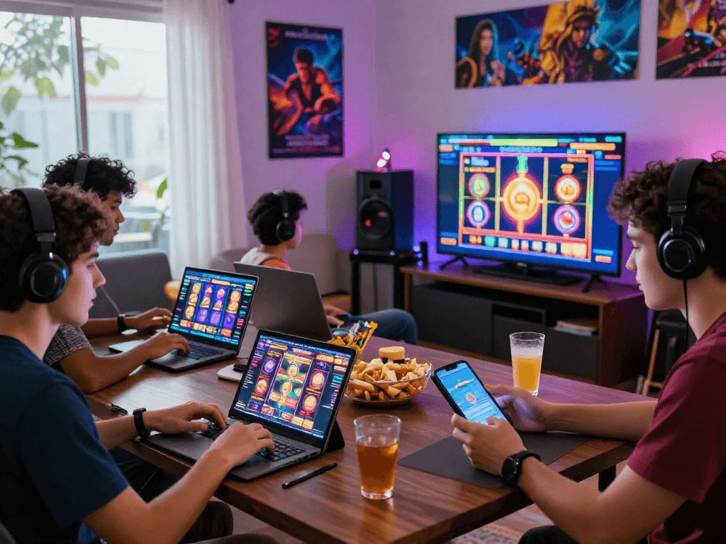 Players enjoying slot online games on various devices in a vibrant gaming environment.