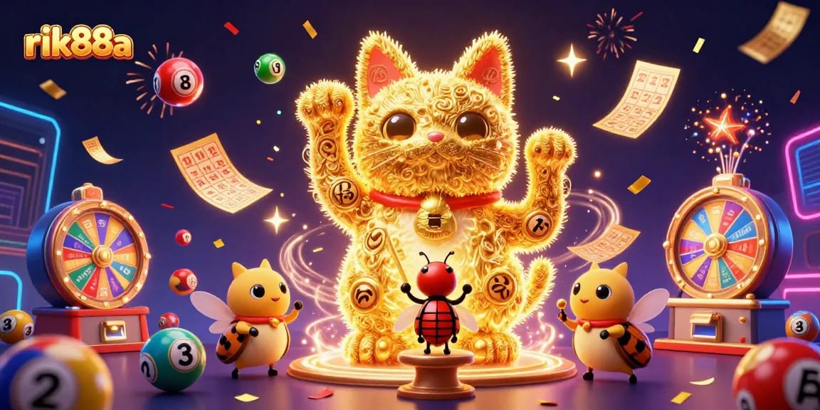 Experience the vibrant gaming excitement of rik88a with our dynamic casino-themed illustration filled with lucky symbols.