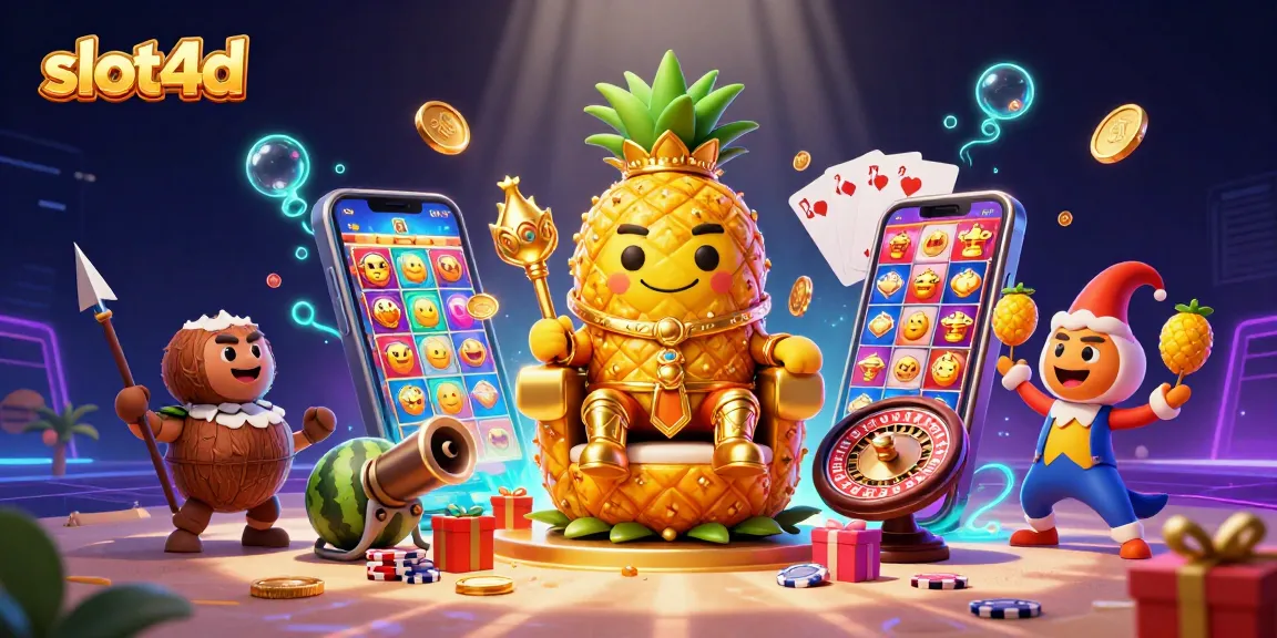 Engage with slot4d's exciting world of gaming, featuring a golden pineapple king on a vibrant casino beach.