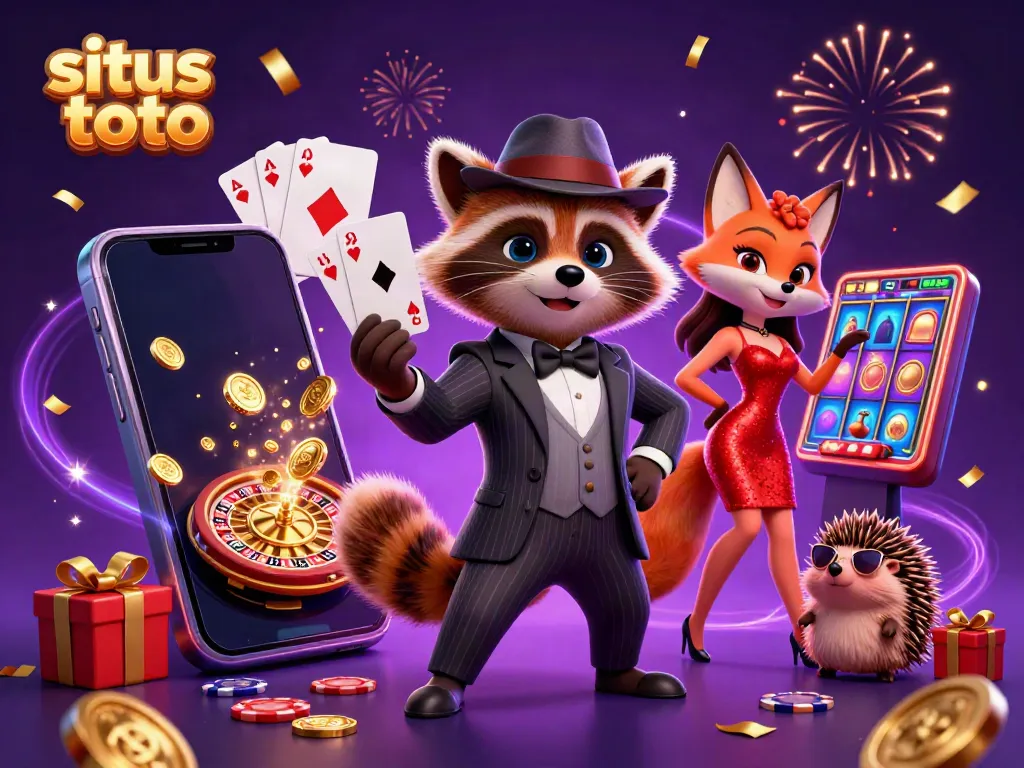 Experience excitement with situs toto as a suave raccoon, stylish fox, and hedgehog bouncer celebrate gaming at a vibrant casino.