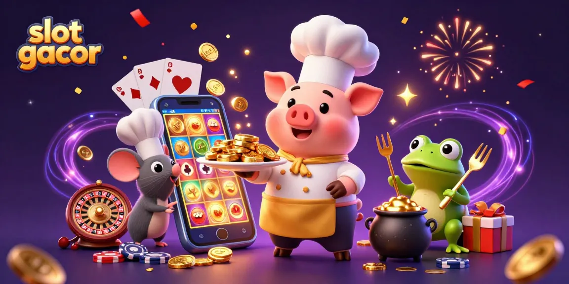 Experience slot gacor magic with a lively scene of a chef pig, tasting mouse, and frog critic enjoying vibrant gambling elements.