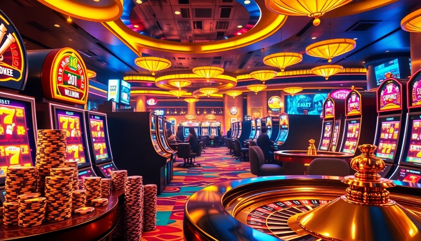 Engage with link slot deposit pulsa at a lively casino scene featuring vibrant slot machines and poker chips.
