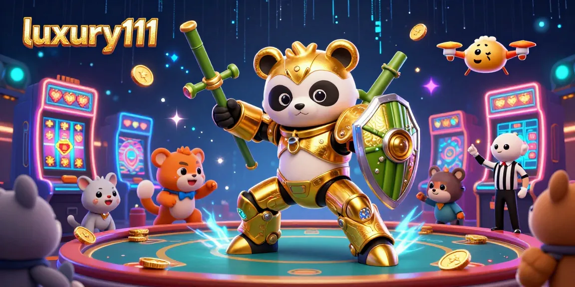Engage with luxury111 through an epic casino battle featuring a golden panda in mech-suit.