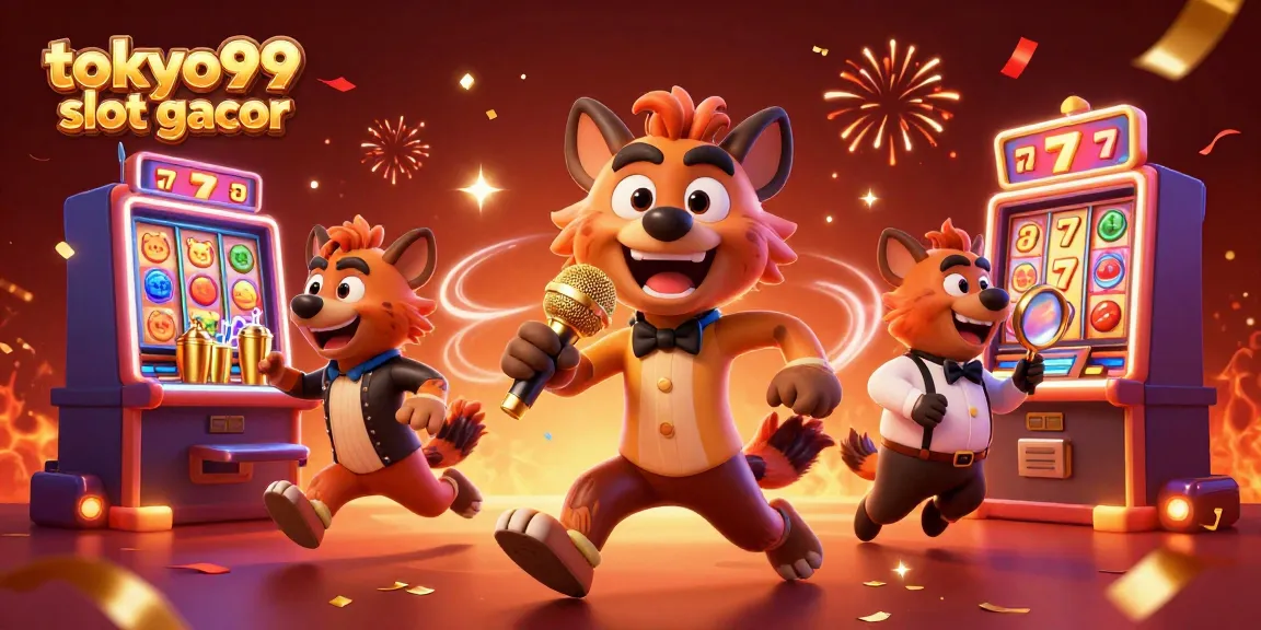 Menghadirkan momen seru bermain tokyo99 slot gacor dengan hyena komedi dan simbol slot berwarna-warni.